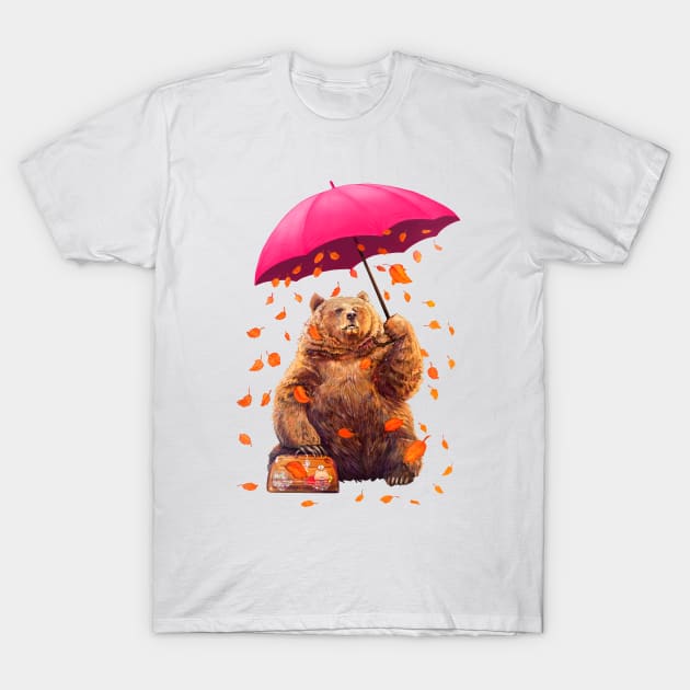 Bear with umbrella on white T-Shirt by kodamorkovkart